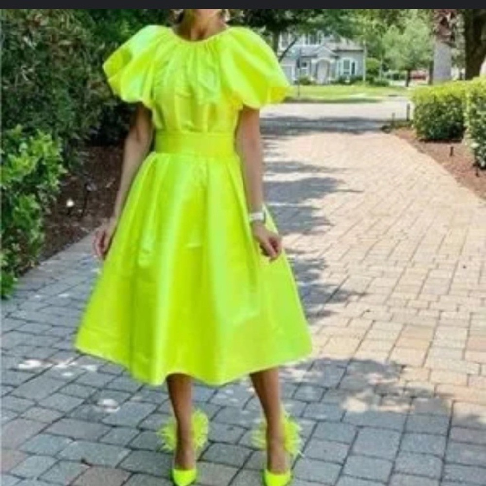 Christopher John Rogers Target Neon Yellow Puff Sleeve Bow Midi Dress Neon Green